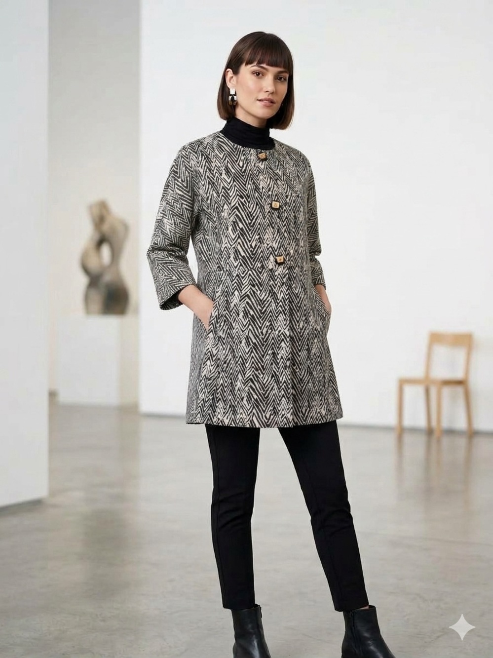 CAbi Black & White Zigzag Trench Coat